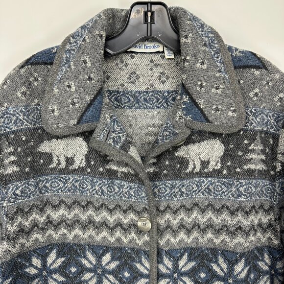 Vintage Fair Isle Wool Jacket M Bear Trees Shacket Button Down Gray Blue - Picture 6 of 7